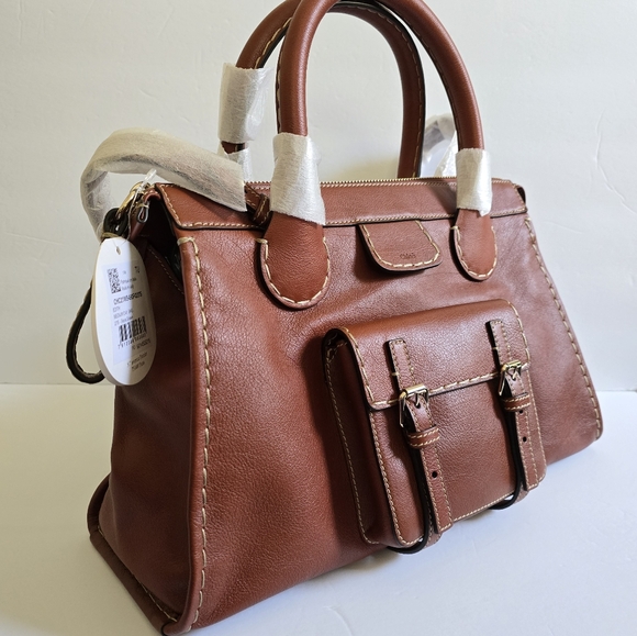 Chloe Handbags - Chloé Medium Edith Leather Double Top Handle Shoulder Bag Sepia Brown